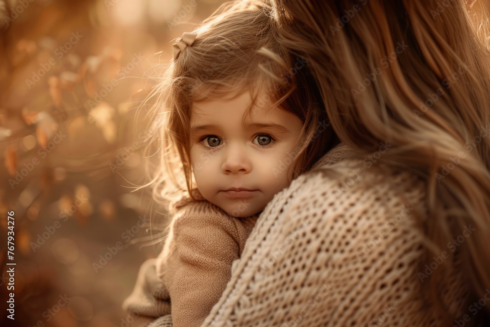 Woman hugging a three-year-old girl. The woman's face is not visible, and the little girl is looking at the camera. Warm golden hour light. Mother's day. Mom and toddler girl. Woman hugging a three-year-old girl. The woman's face is not visible, and the little girl is looking at the camera. Warm golden hour light. Mother's day. Mom and toddler girl.