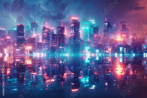 Futuristic Neon City Skyline with Glowing Lights and Reflections  Cyberpunk Concept Art