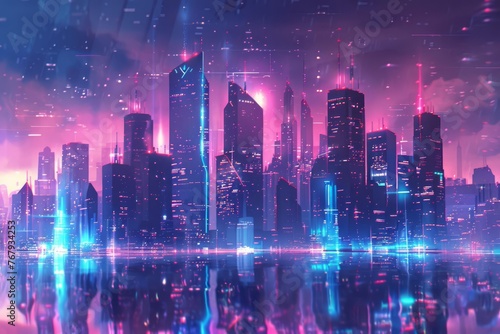 Futuristic Neon City Skyline with Glowing Lights and Reflections, Cyberpunk Concept Art