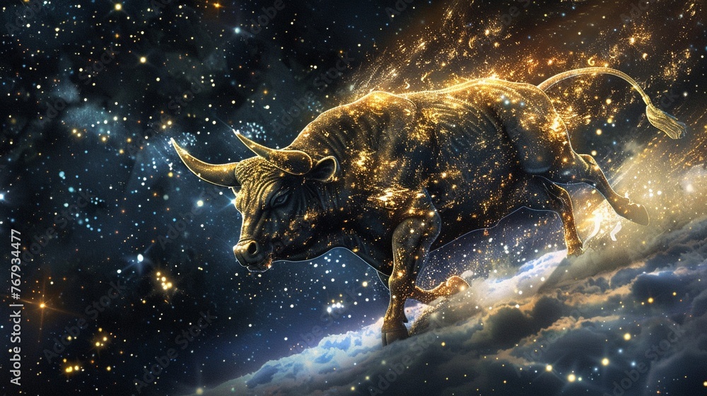 A massive bull made of glowing Bitcoins - obrazy, fototapety, plakaty 