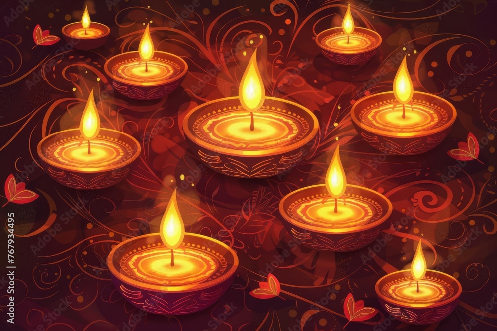 Glowing Diwali diya oil lamps arranged in decorative pattern, traditional Indian festival of lights, vector illustration Glowing Diwali diya oil lamps arranged in decorative pattern, traditional Indian festival of lights, vector illustration