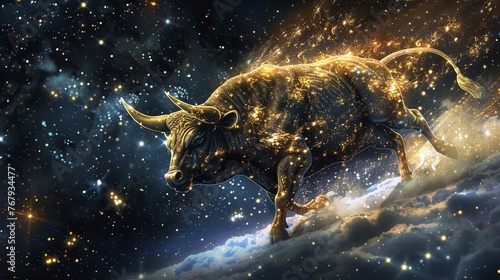 A massive bull made of glowing Bitcoins