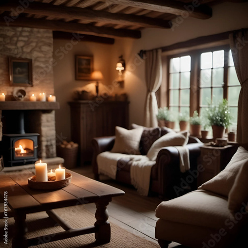 Living room interior with fireplace, candles and comfortable furniture. Rustic cottage interior 