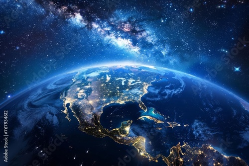 Glowing Earth from space, focus on North America at night, deep space background, digital art