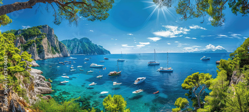 panoramic view of the sea with some boats and lush greenery on Capri island in Italy, blue sky with clouds