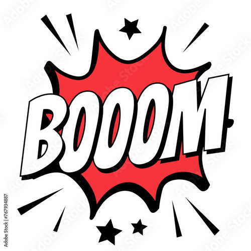 Sound of a comic bubble popping with the text "boom" in red with black outline, editable vector