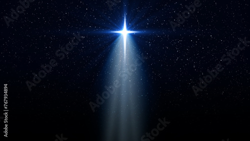 Christmas star of the Nativity of Bethlehem, Nativity of Jesus Christ with rays of light. Background starry sky and bright star
