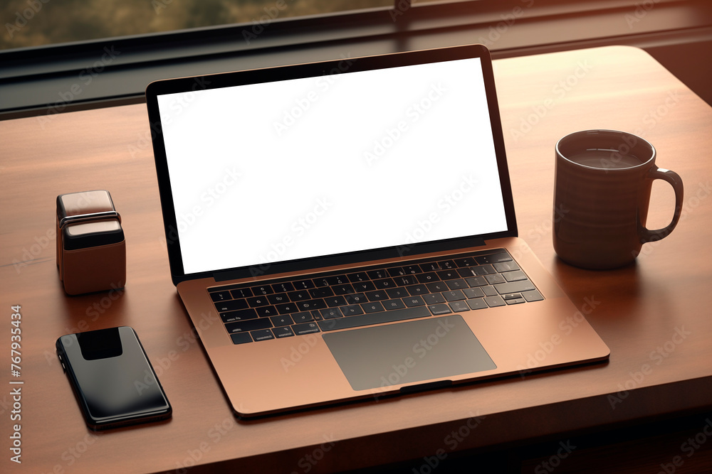 Laptop nueva con pantalla en blanco. Sobre un escritorio minimalista en una oficina. Creado con IA - obrazy, fototapety, plakaty 