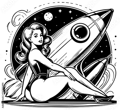 pin-up girl with space rocket background retro vector illustration silhouette laser cutting black and white shape © Cris