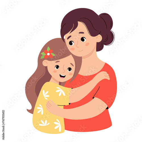 Cute Mom tenderly hugs her daughter. Vector illustration