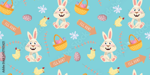 Easter seamless pattern with bunny, chicks and shields with text egg hunt