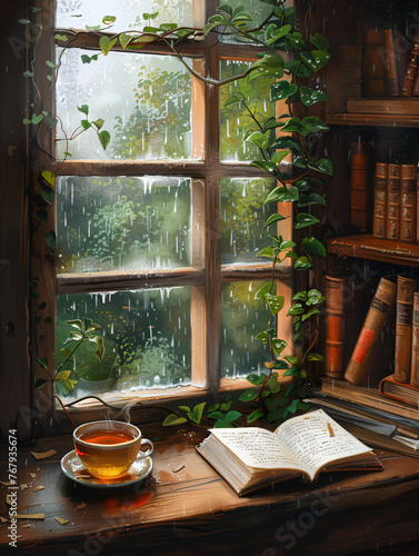Cozy rainy day by the window with open book, hot beverage, and plush throw. Home comfort and relaxation concept