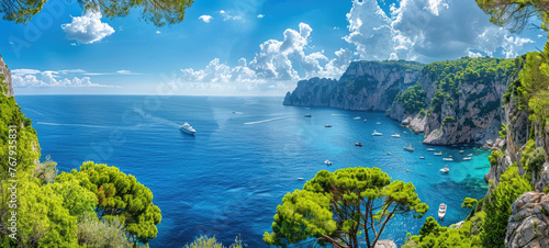 panoramic view of the sea with boats and Capri in the background, lush green pine trees on both sides of the water body, blue sky with a few clouds, the sea is azure © Kien