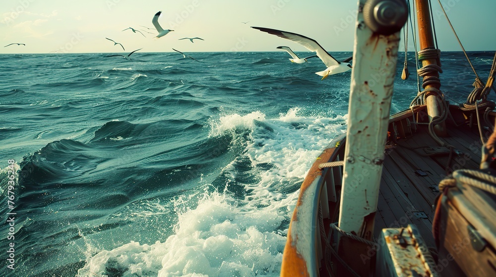 60s oceanic adventure, albatross in flight, vintage alarm and algebra notes on a boat - obrazy, fototapety, plakaty 