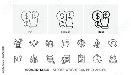 Timer, Consulting and Check article line icons. Pack of Business idea, Meeting, Transform icon. Alcohol addiction, Income money, Money currency pictogram. Recovery data, Approved group, Report. Vector
