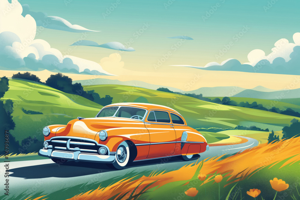 Illustration of a classic orange car driving along a winding road in a vibrant, hilly countryside