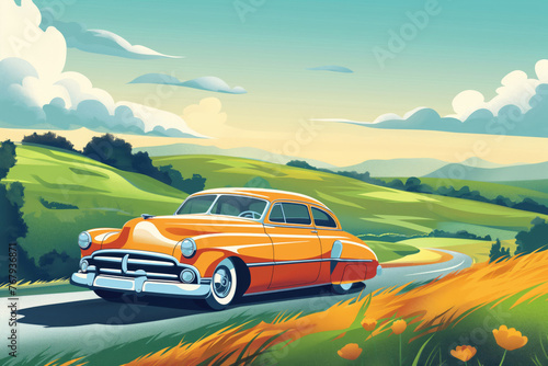 Illustration of a classic orange car driving along a winding road in a vibrant, hilly countryside