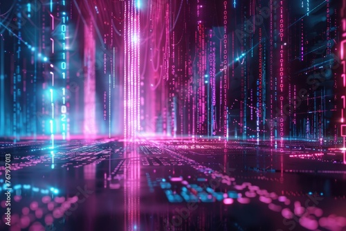 Abstract visualization of AI coding streams, neon lines and binary codes flowing through a digital landscape , 3D illustration