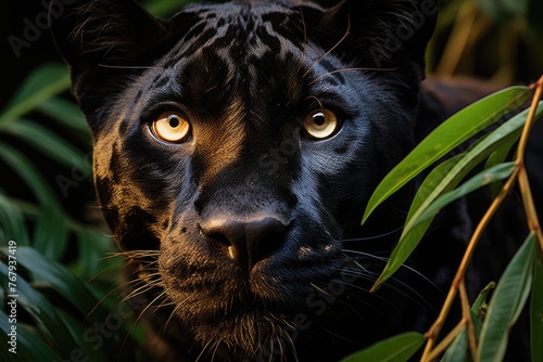 Majestic black panther in the tropical jungle.  generative IA