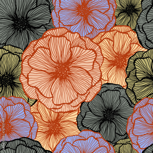 Poppy flower doodle  floral vector seamless pattern summer  fabric print desi...