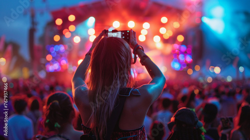 Amidst a vibrant music festival, a woman wields her camera, capturing the energy