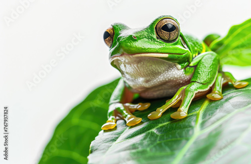 Photo of a green tree frog peeking out from behind a leaf, its eyes wide open and focused on something in front of it