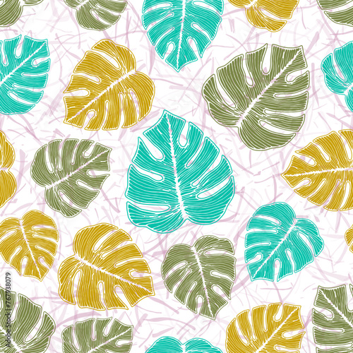 Philodendron jungle foliage botanical repeat rapport over noisy background.