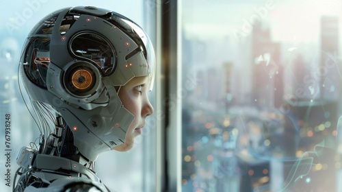 A conceptual image of a young individual with a robotic head looking out a window at a city skyline, illustrating a blend of humanity and technology.