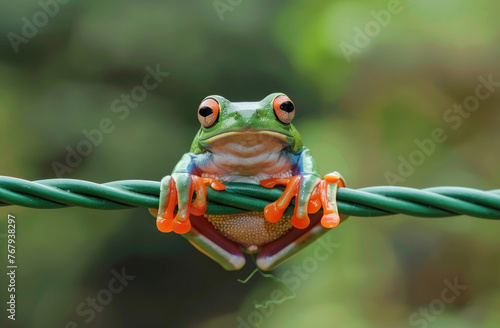 A green tree frog peeking out from behind the leaf in a closeup shot with a white background