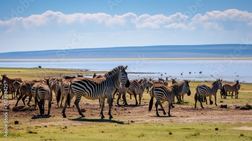 A herd of zebras are standing in a field near a body of water photo