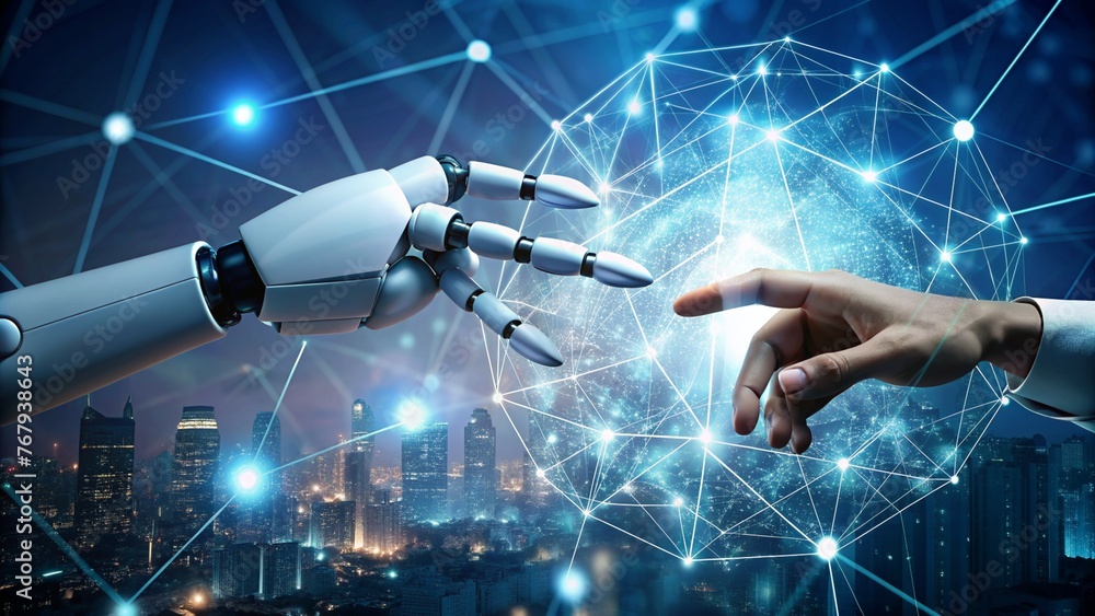 AI, Machine learning, Hands of robot and human touching on big data ...