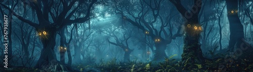 A dense forest at night with the trees appearing to close in and eyes glowing from the darkness