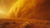 Ominous orange dust storm looming over a desert road.