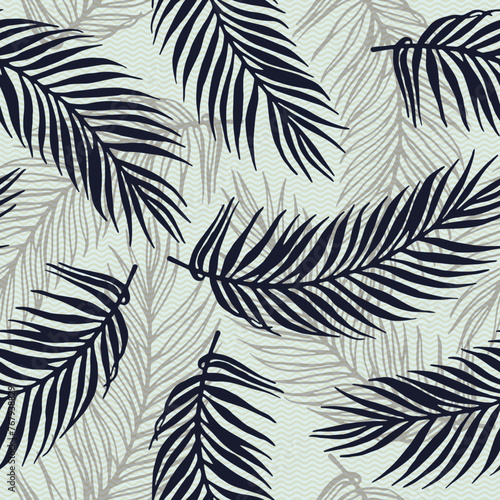 Seamless exotic palm leaves vector pattern. Floral design over waves texture