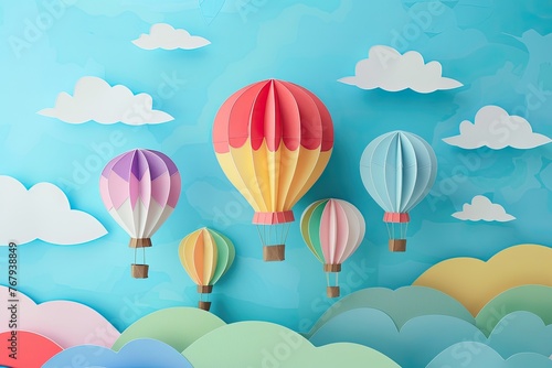 A representation of a hot air balloon festival with colorful balloons rising in a paper cut sky