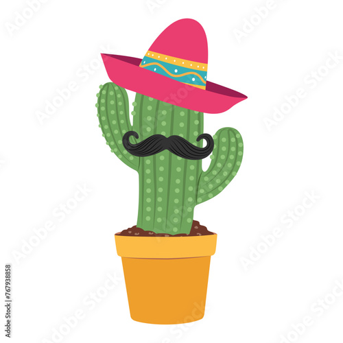 Flat cactus with sombrero and a mustache isolated on white background.