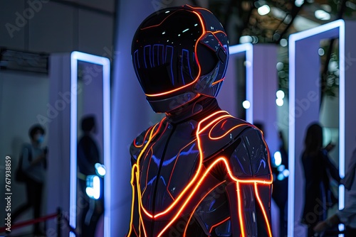 A sleek neon-powered exoskeleton suit on display