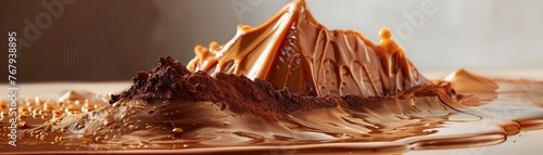 A whimsical dessert landscape featuring a chocolate mousse mountain with a flowing caramel river photo