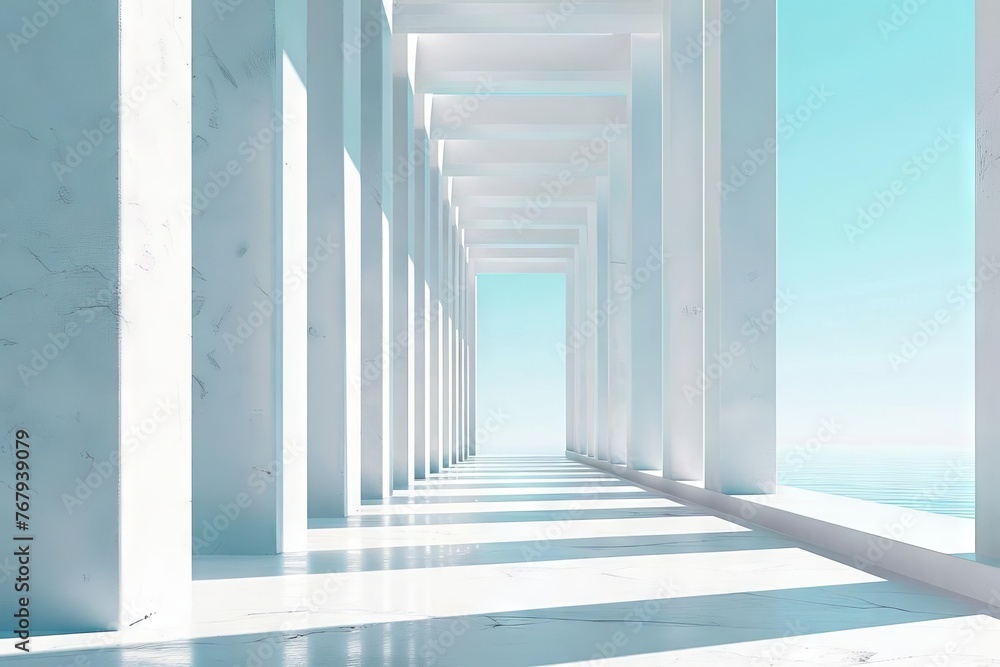 Minimalist architectural background with airy widescreen view of tilted white columns and light blue sky, digital painting Minimalist architectural background with airy widescreen view of tilted white columns and light blue sky, digital painting