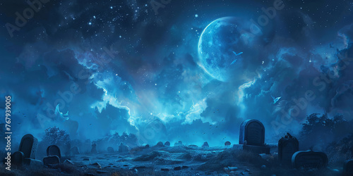 A spooky graveyard at night with tombstones, fog, and ominous moonlight in shades of blue green background, Spooky Cemetery With Moon  halloween,scarry night horror, banner	
