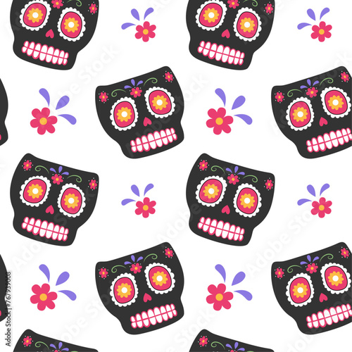 Seamless pattern with mexico sugar skull isolated on white background. 