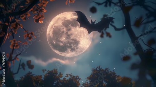 A bat silhouetted against a glowing full moon amidst twilight skies and autumn leaves.