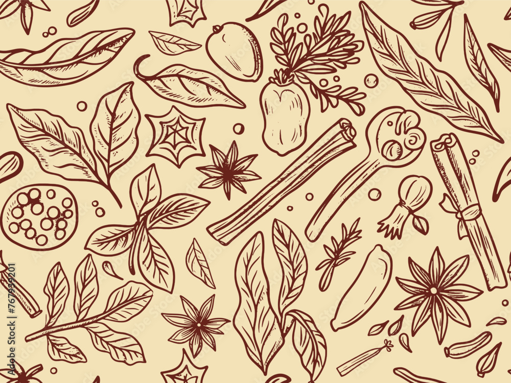 Set of spices, seamless pattern. Faded vintage color. Sketch board imitation. Vector, generative ai.