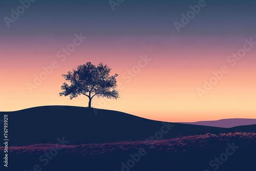 Minimalist Landscape with Lone Tree Silhouetted Against a Gradient Sky at Sunset, Conveying a Sense of Solitude and Tranquility, vector art