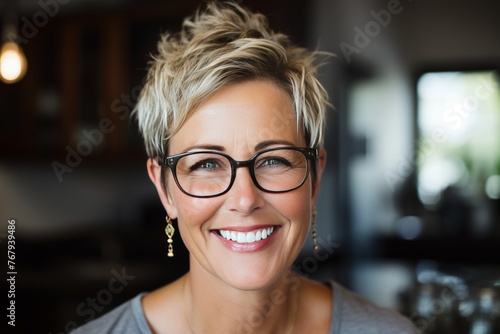 Close-up portrait of a smiling, middle-aged, short haired, blonde woman wearing glasses and earrings