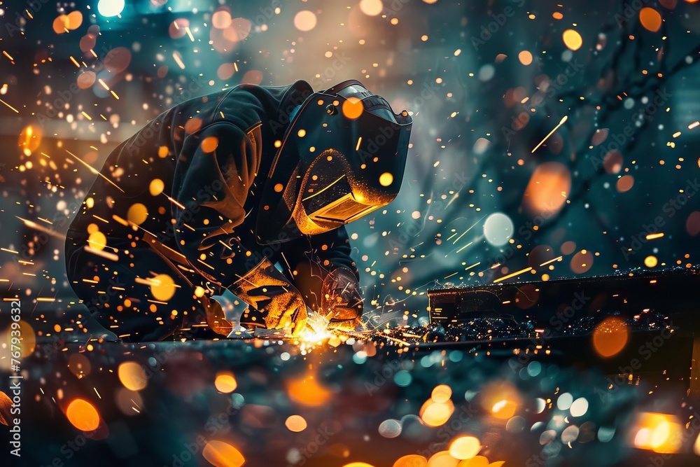Modern welder working with metal sparks in industrial setting, vibrant bokeh background, digital art Modern welder working with metal sparks in industrial setting, vibrant bokeh background, digital art