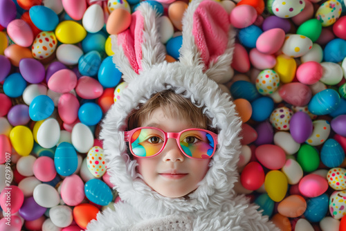 boy dressed as an easter bunny surrounded by chocolate eggs