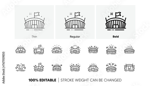 Ole chant, arena football, championship architecture. Sports stadium line icons. Arena stadium, sports competition, event flag icons. Sport complex linear set. Line icons set. Vector