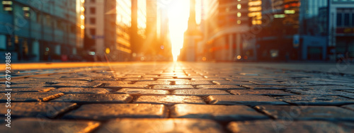 A city street with a sun shining on the ground photo