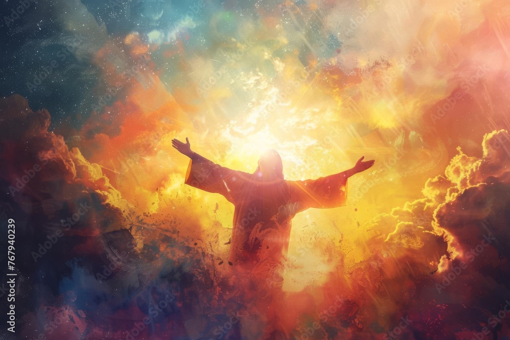 Risen Jesus Christ with arms outstretched, heavenly light and clouds, Christian salvation and faith concept, digital painting - obrazy, fototapety, plakaty 